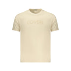 Beige cotton men's T-shirt by Coveri Moving, featuring a classic fit and soft fabric, displayed on a plain background.