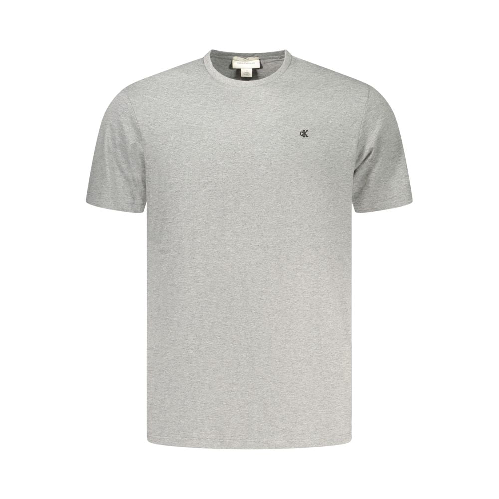 Calvin Klein gray cotton men's T-shirt displayed flat, showing the classic crew neckline and soft fabric texture.