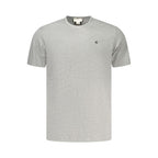 Calvin Klein gray cotton men's T-shirt displayed flat, showing the classic crew neckline and soft fabric texture.