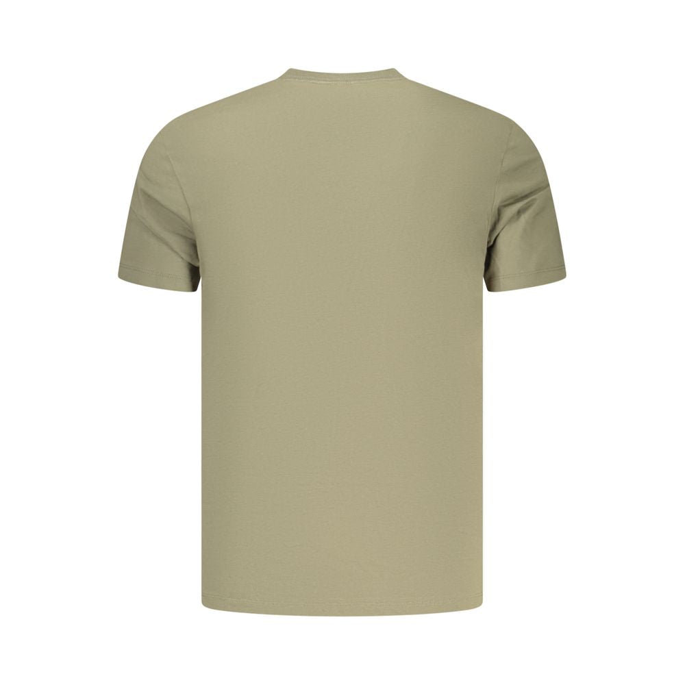 Calvin Klein green cotton men's T-shirt displayed on a hanger with a simple background.