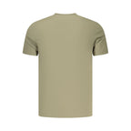 Calvin Klein green cotton men's T-shirt displayed on a hanger with a simple background.