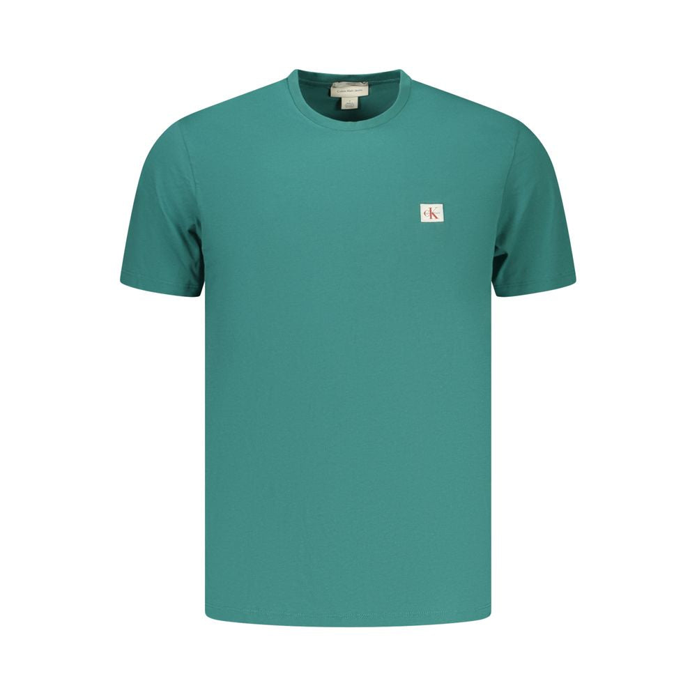 Calvin Klein green cotton men's T-shirt displayed flat, showcasing the crew neckline and soft fabric texture.