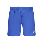 Nike blue polyester men's swimwear with a sleek design, featuring an elastic waistband and Nike logo, suitable for swimming and beach activities.