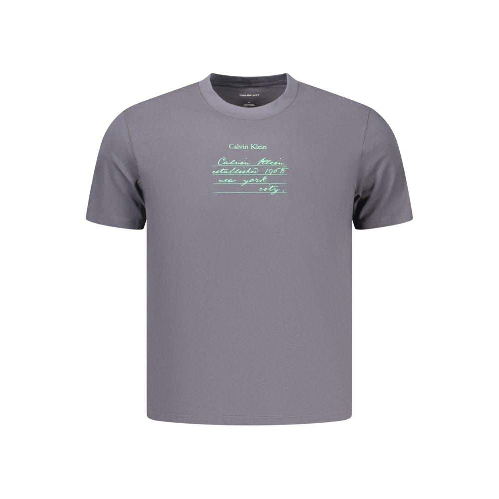 Calvin Klein gray cotton men's T-shirt displayed flat, showing the classic crew neck and soft fabric texture.
