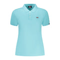 Norway 1963 Azzurro cotton women's polo shirt displayed on a hanger, showcasing its classic design and soft fabric.