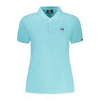 Norway 1963 Azzurro cotton women's polo shirt displayed on a hanger, showcasing its classic design and soft fabric.