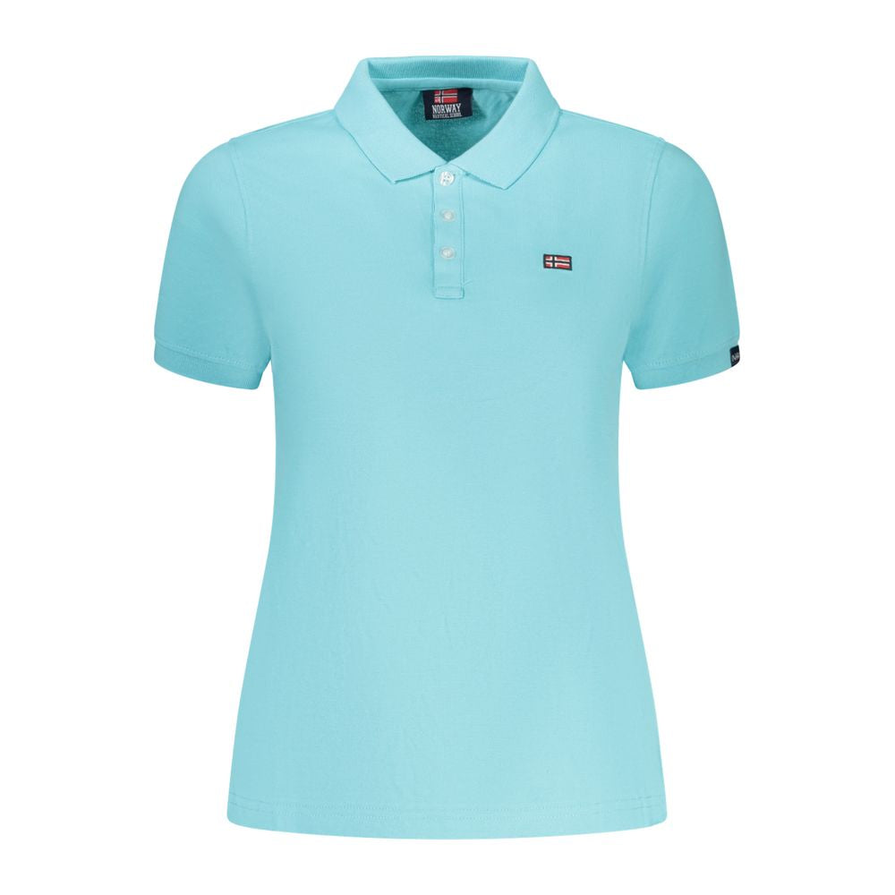 Norway 1963 Azzurro cotton women's polo shirt displayed on a hanger, showcasing its classic design and soft fabric.