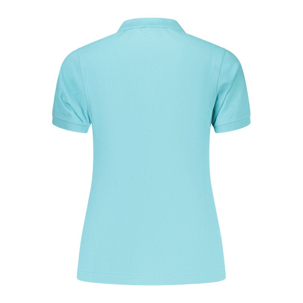 Norway 1963 Azzurro cotton women's polo shirt with short sleeves and collar, displayed on a hanger.