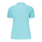 Norway 1963 Azzurro cotton women's polo shirt with short sleeves and collar, displayed on a hanger.