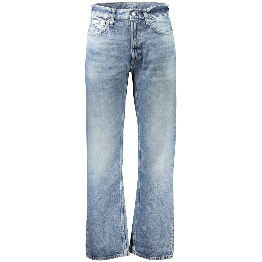 Calvin Klein blue cotton men's jeans displayed on a hanger, showcasing classic fit and durable denim fabric.