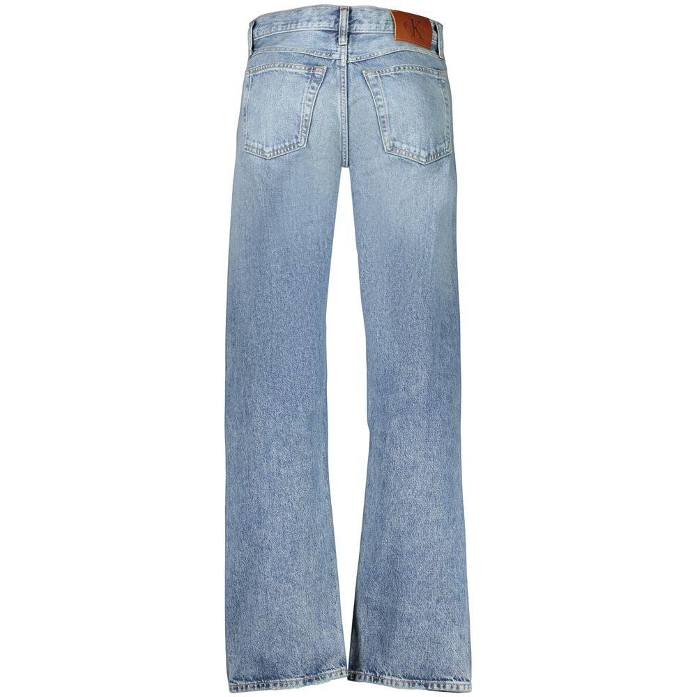 Calvin Klein blue cotton men's jeans with classic fit, front pockets, and belt loops, displayed on a neutral background.