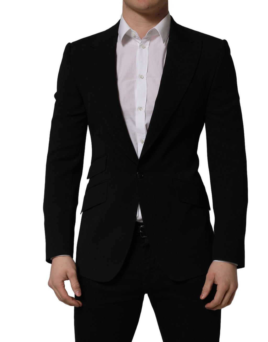 Dolce & Gabbana black wool men's blazer jacket with single-breasted design and notch lapel, tailored fit, and classic style.