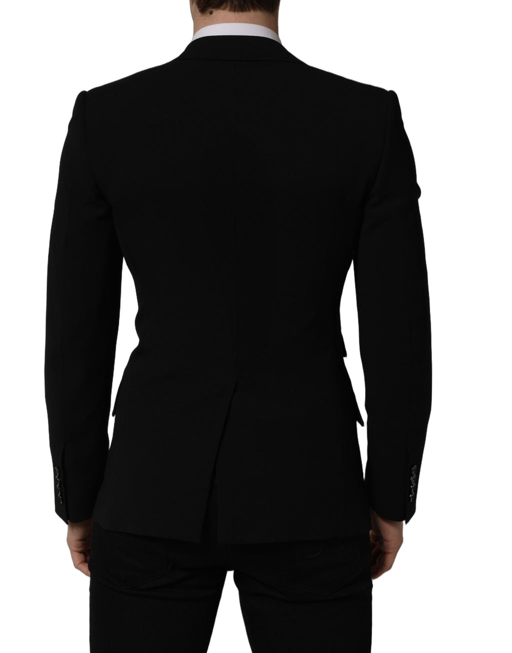 Black wool men's blazer jacket by Dolce & Gabbana with a single-breasted design and tailored fit.