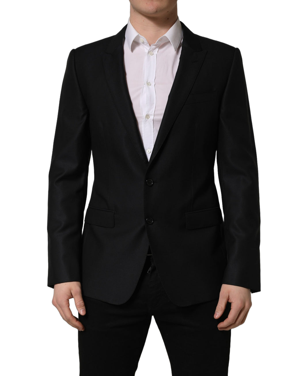 Dark blue wool Dolce & Gabbana men's single-breasted blazer jacket with notch lapels and tailored fit.