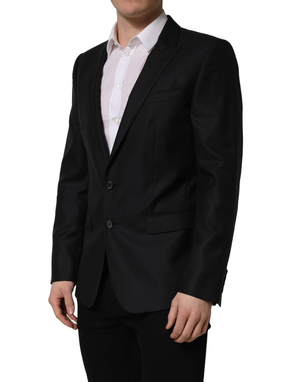 Dark blue wool Dolce & Gabbana men's single-breasted blazer jacket with notch lapels and tailored fit.