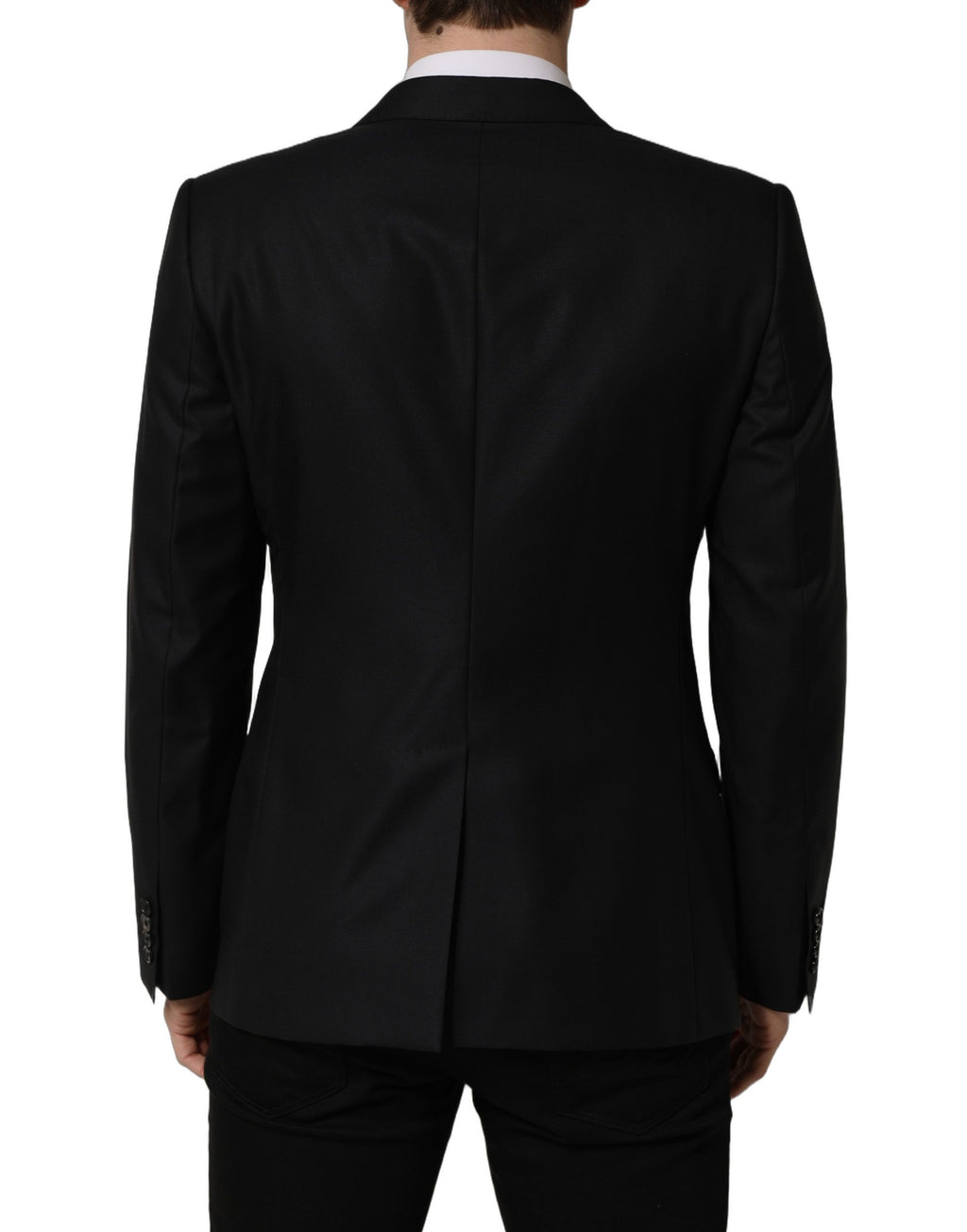 Dark blue wool men's blazer jacket by Dolce & Gabbana, single-breasted design, tailored fit with notch lapel and button closure.