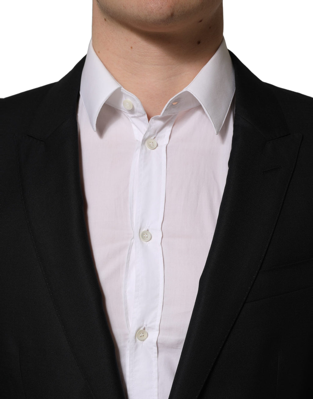Dark blue wool men's blazer jacket by Dolce & Gabbana, single-breasted design with notch lapels and tailored fit.
