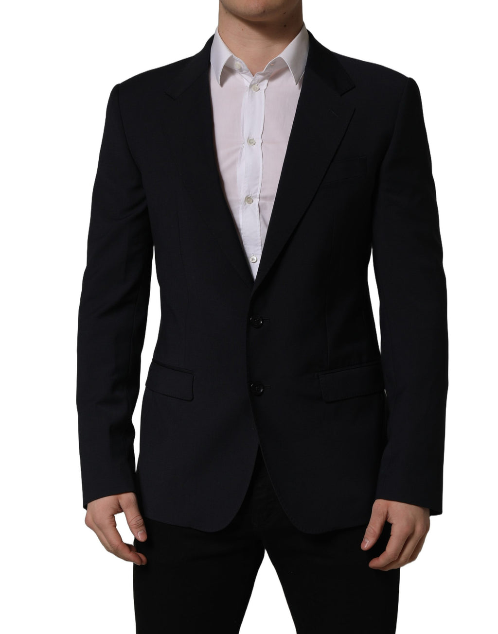 Dark blue wool men's blazer jacket by Dolce & Gabbana, single-breasted design with notch lapels and tailored fit.