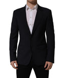 Dark blue wool men's blazer jacket by Dolce & Gabbana, single-breasted design with notch lapels and tailored fit.