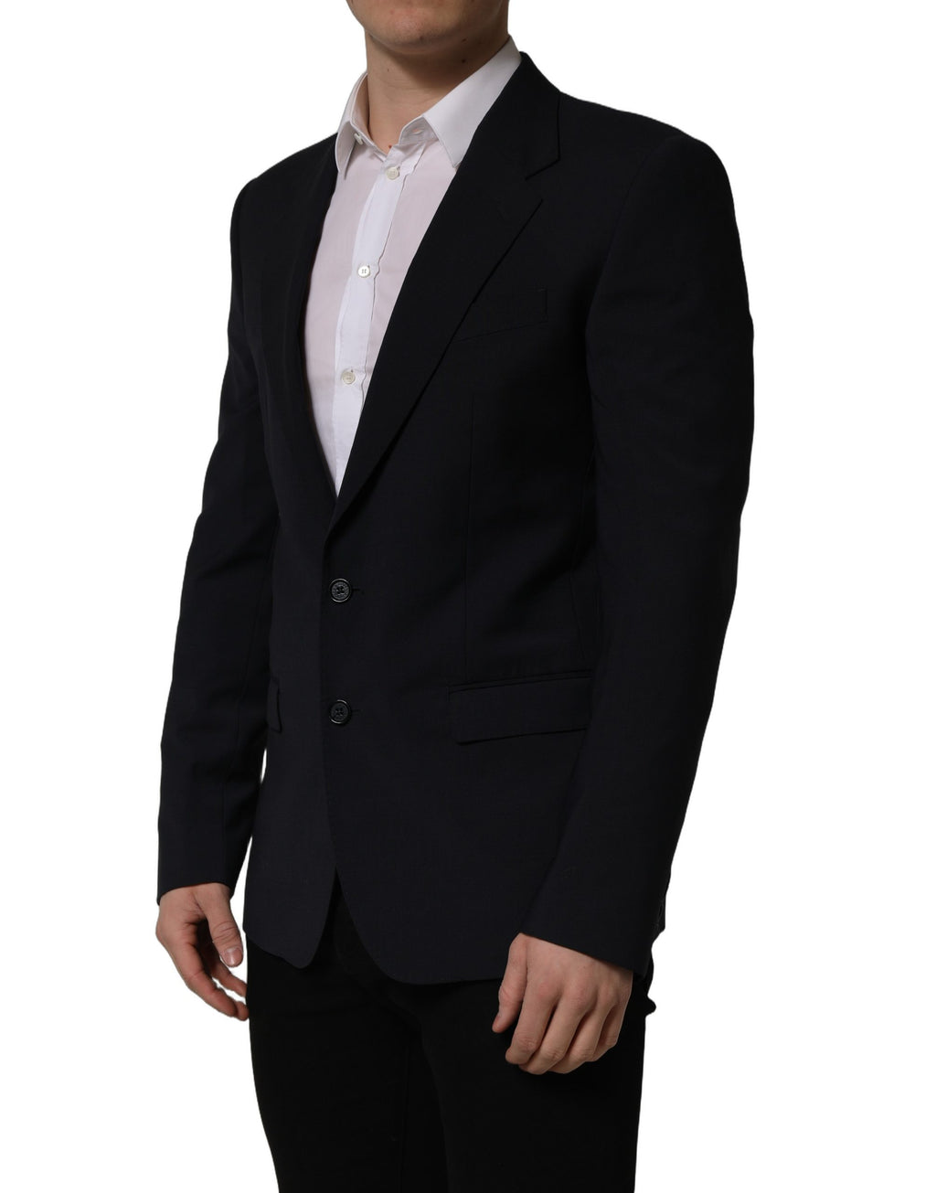 Dark blue wool men's blazer jacket by Dolce & Gabbana, single-breasted style with notch lapels and tailored fit.