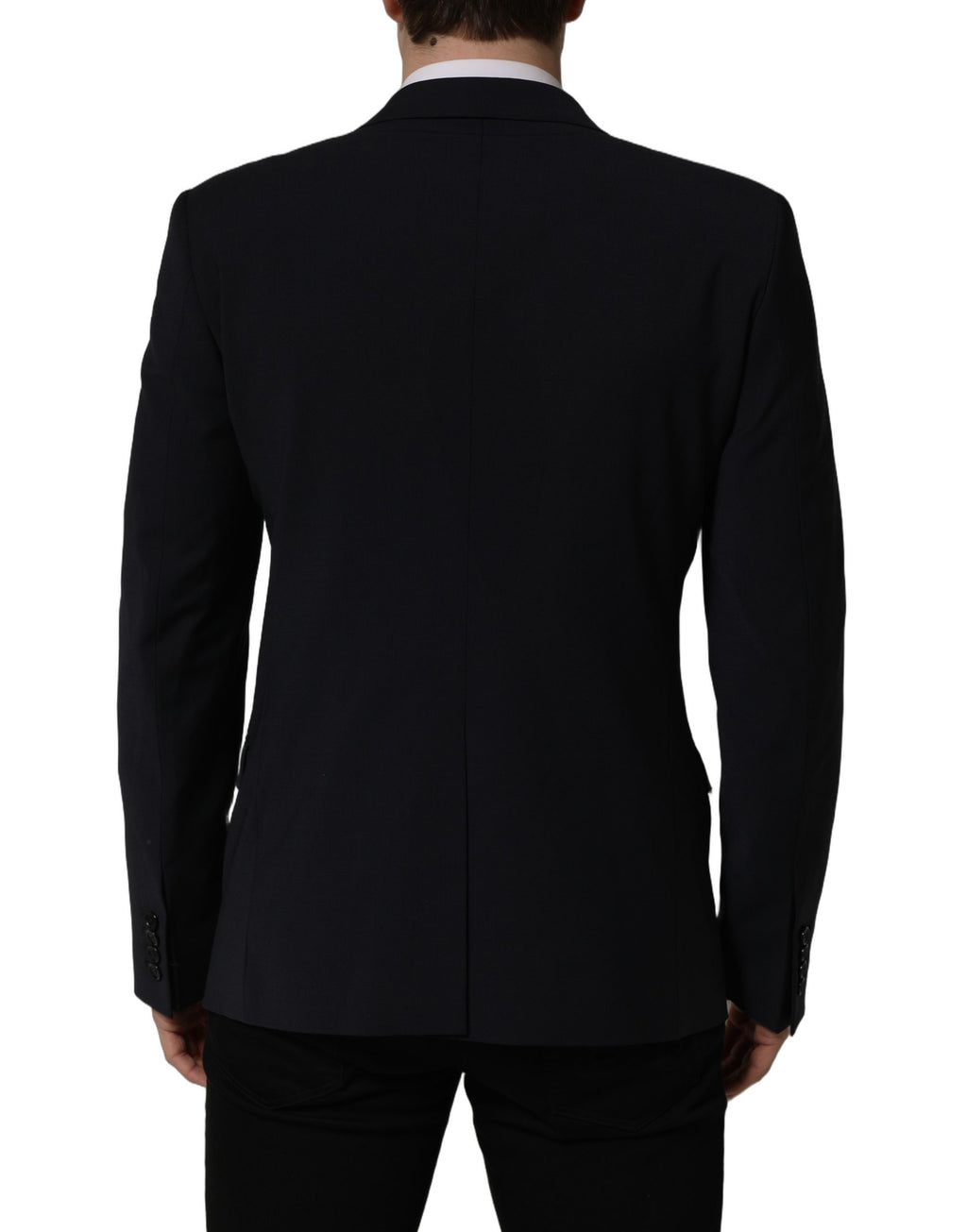 Dark blue wool men's blazer jacket by Dolce & Gabbana, single-breasted design with notch lapels and tailored fit.