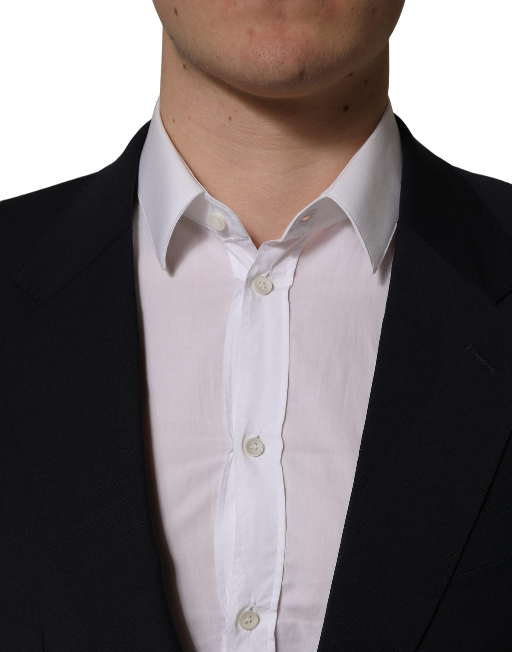 Dark blue wool men's blazer jacket by Dolce & Gabbana, single-breasted design with notch lapel and tailored fit.