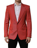 Red wool Dolce & Gabbana men's single-breasted blazer jacket with notch lapel and tailored fit, displayed on a hanger.