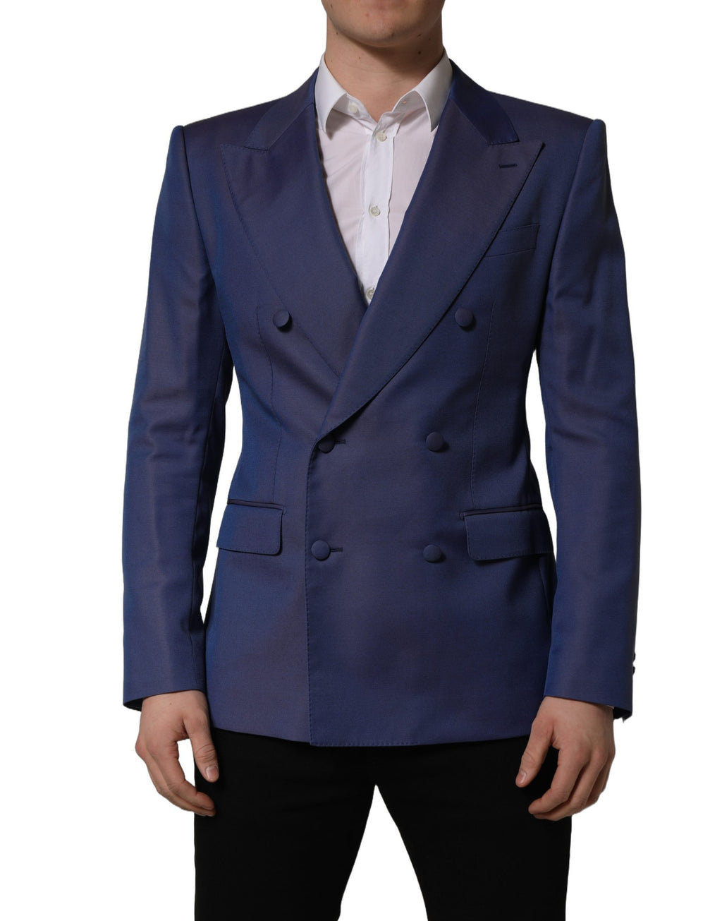 Dolce & Gabbana blue wool double-breasted men's blazer jacket with notch lapels and front buttons, tailored fit.