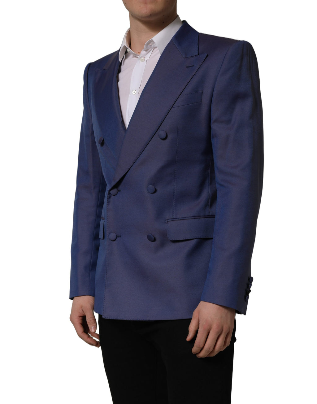 Dolce & Gabbana blue wool men's blazer jacket with double-breasted design and structured fit, stylish and tailored.