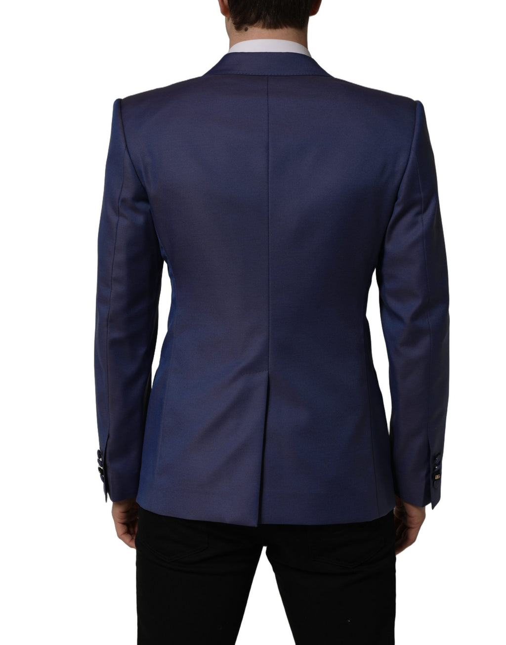Dolce & Gabbana blue wool double-breasted men's blazer jacket with notch lapels and stylish tailoring.