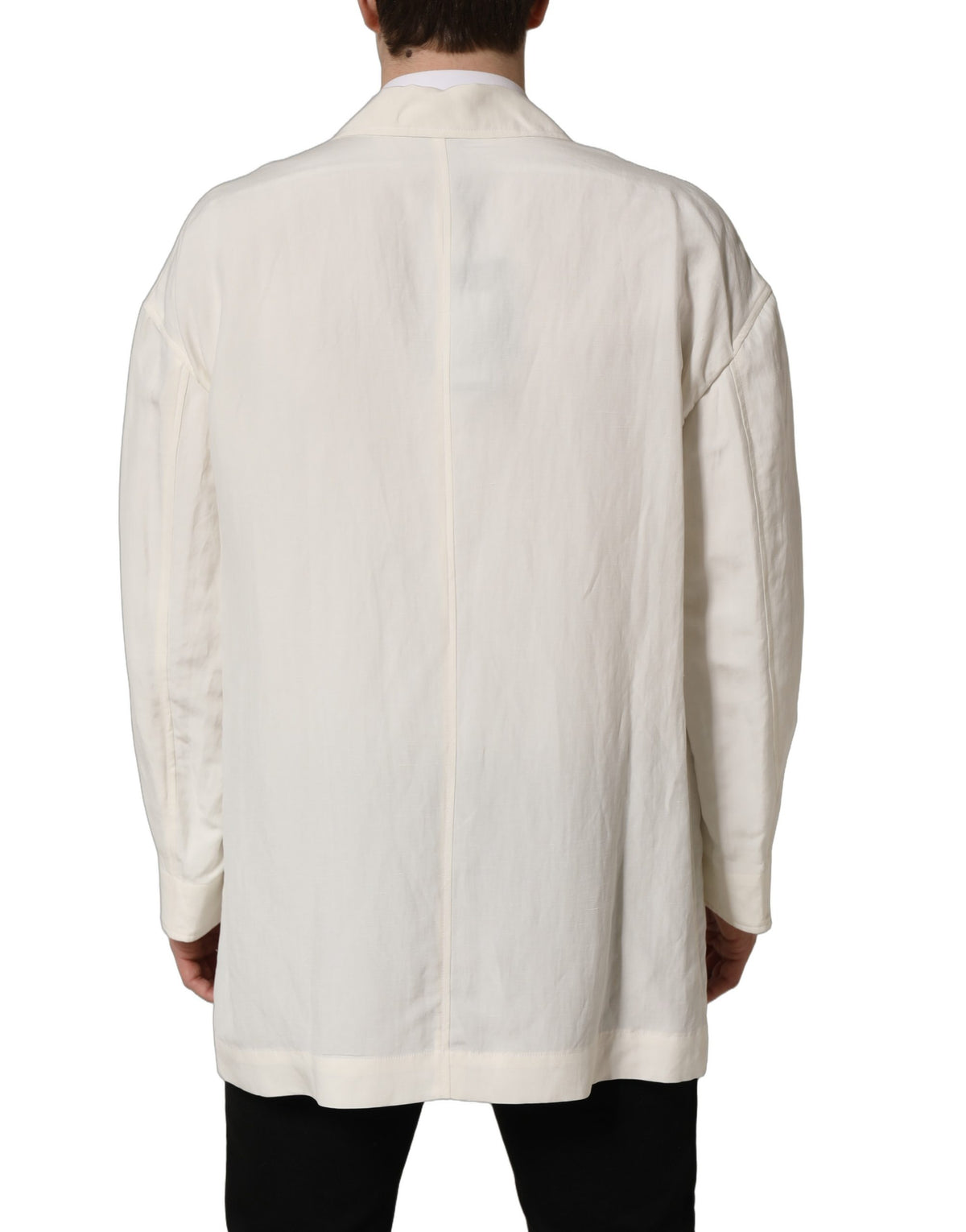 Dolce & Gabbana off-white flax single-breasted blazer jacket with notch lapels and tailored fit, displayed on a mannequin.