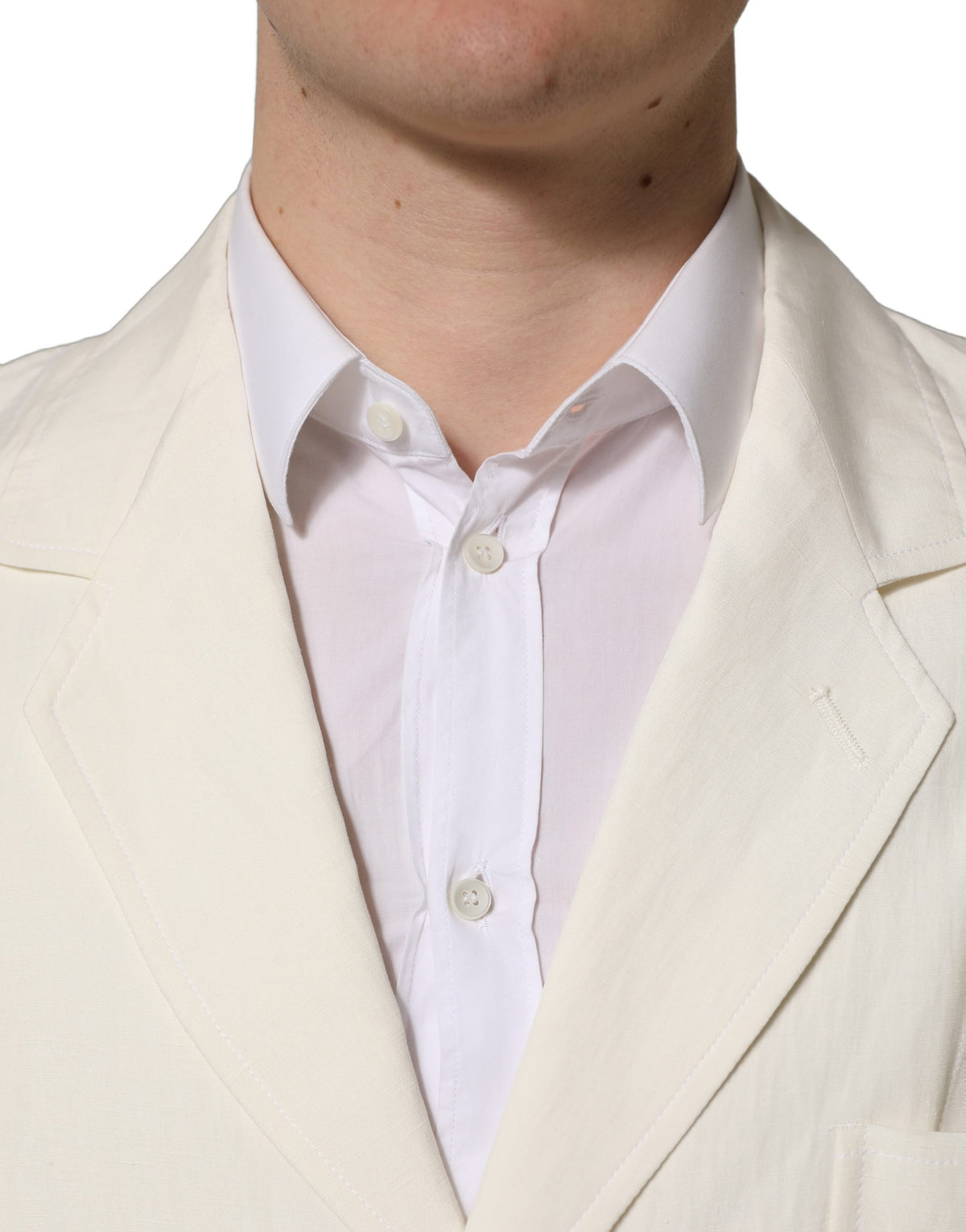 Dolce & Gabbana off-white flax single-breasted blazer jacket with lapels, tailored fit, and button closure, shown on a hanger.