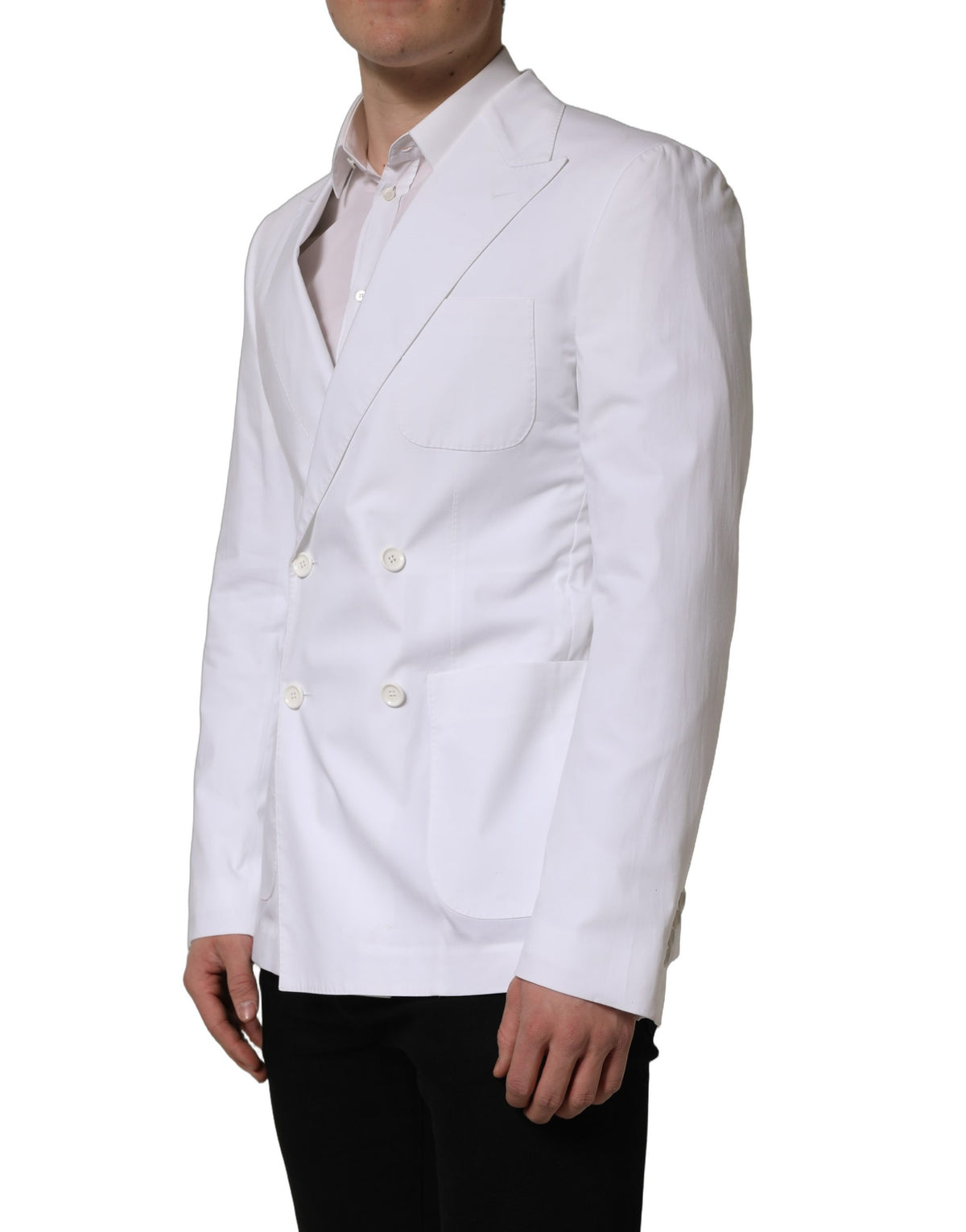 White cotton double-breasted blazer jacket by Dolce & Gabbana, tailored fit with classic lapel and button details.