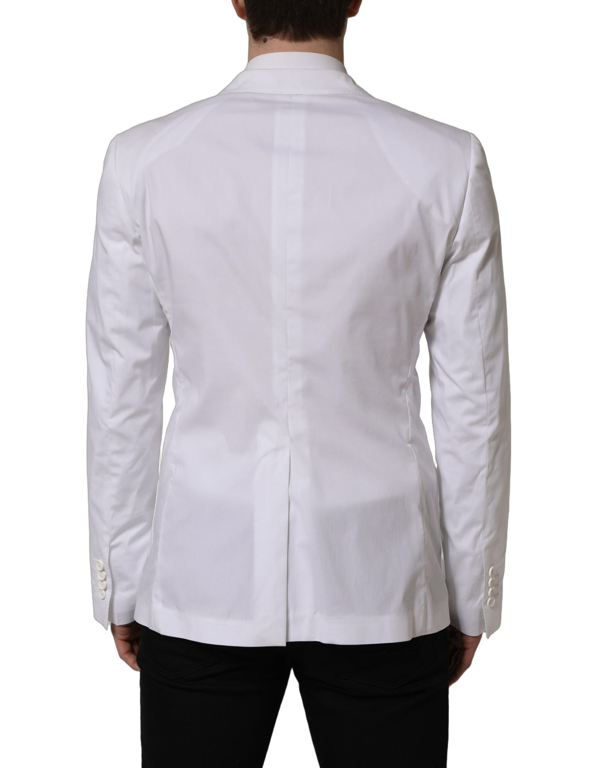 Dolce & Gabbana white cotton double-breasted blazer jacket displayed on a hanger, showcasing classic tailored style.