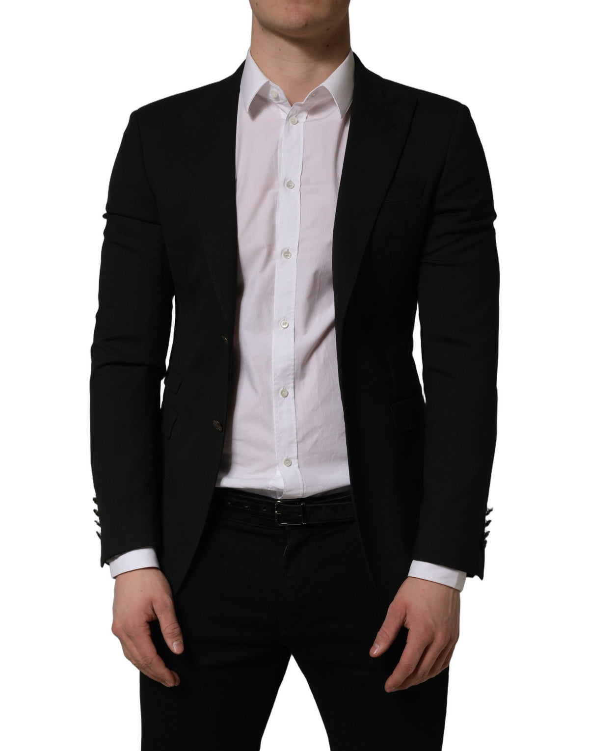 Black polyester Dolce & Gabbana single-breasted blazer jacket with notch lapels and tailored fit, shown on a hanger.