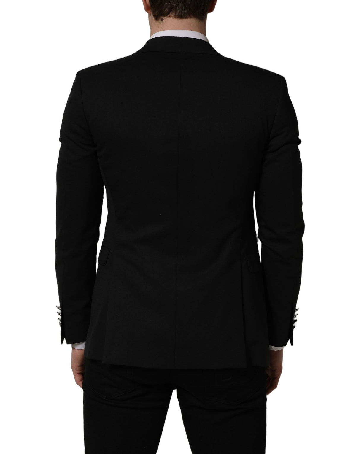 Dolce & Gabbana black polyester blazer jacket with single-breasted design and notch lapel, displayed on a hanger.