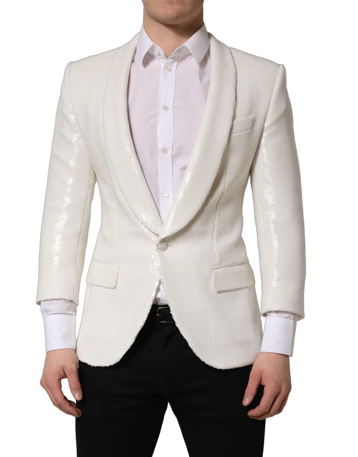 White Dolce & Gabbana blazer jacket in viscose with a single-breasted design, shown on a model.