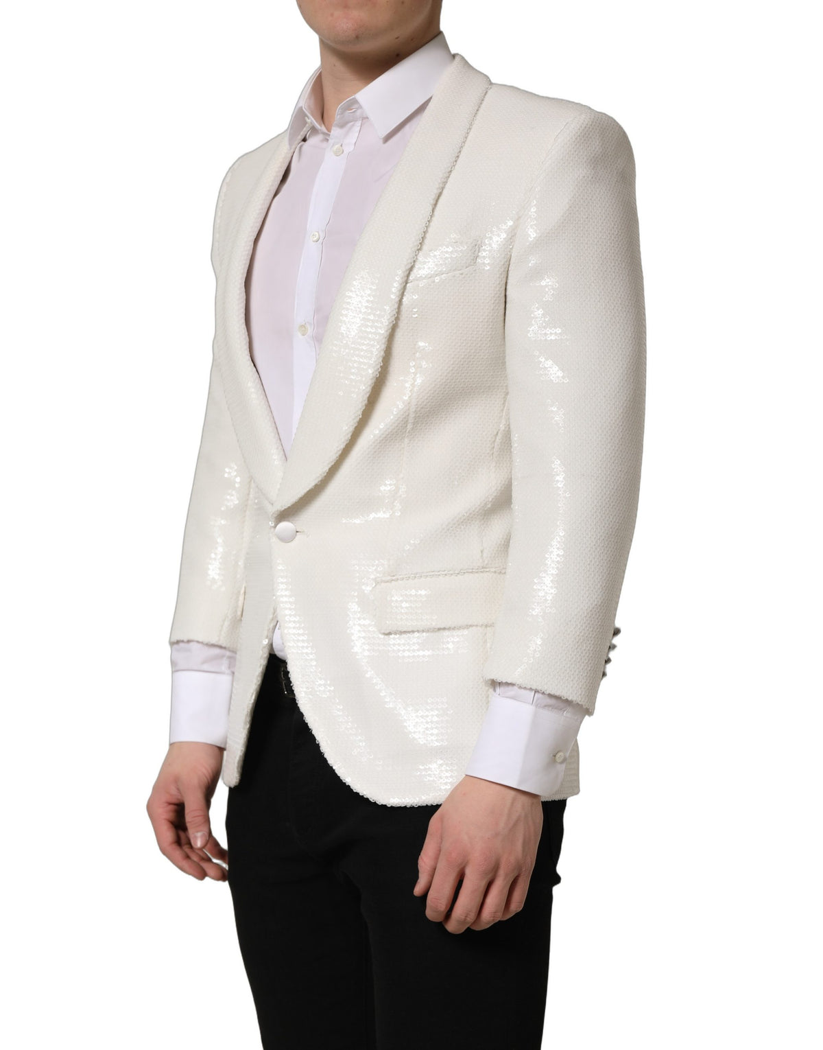 White Dolce & Gabbana viscose blazer jacket with single-breasted design and tailored fit, shown on a model.