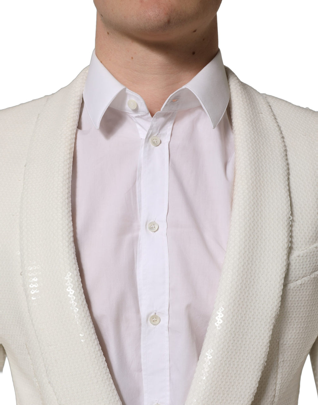 Dolce & Gabbana white viscose blazer jacket with single-breasted design and tailored fit, displayed on a mannequin.