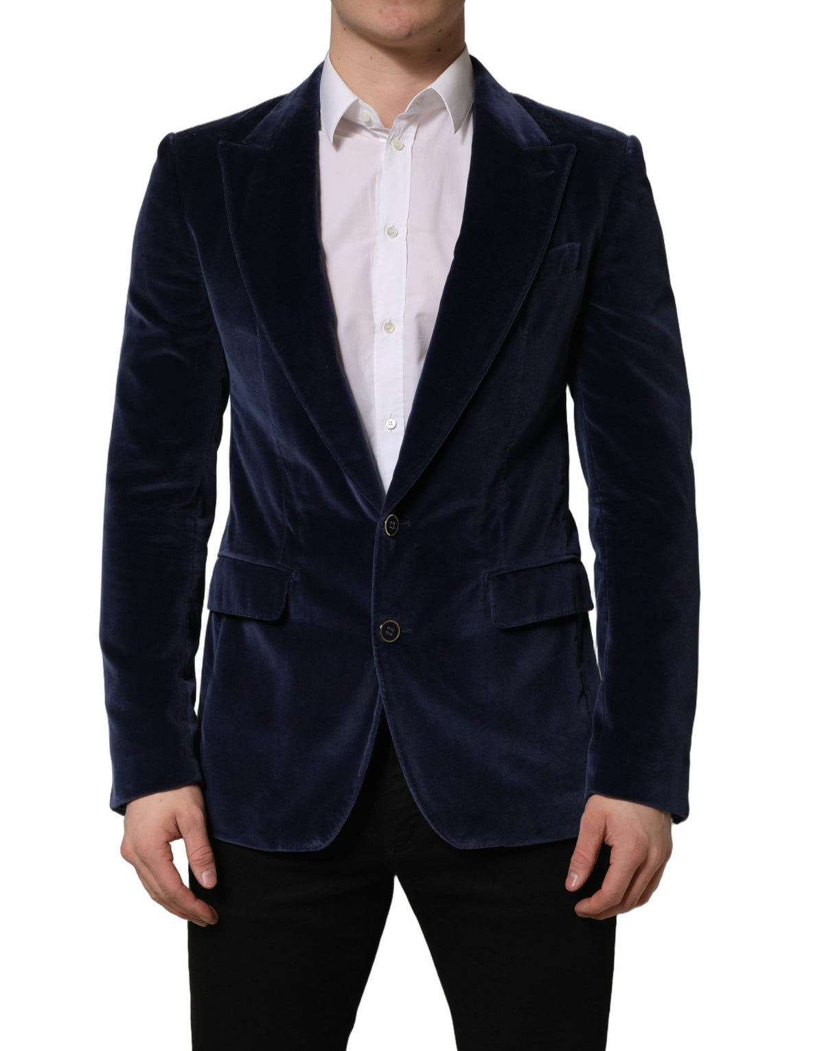 Dolce & Gabbana blue velvet single-breasted blazer jacket displayed on a hanger, showcasing its tailored fit and luxurious fabric.