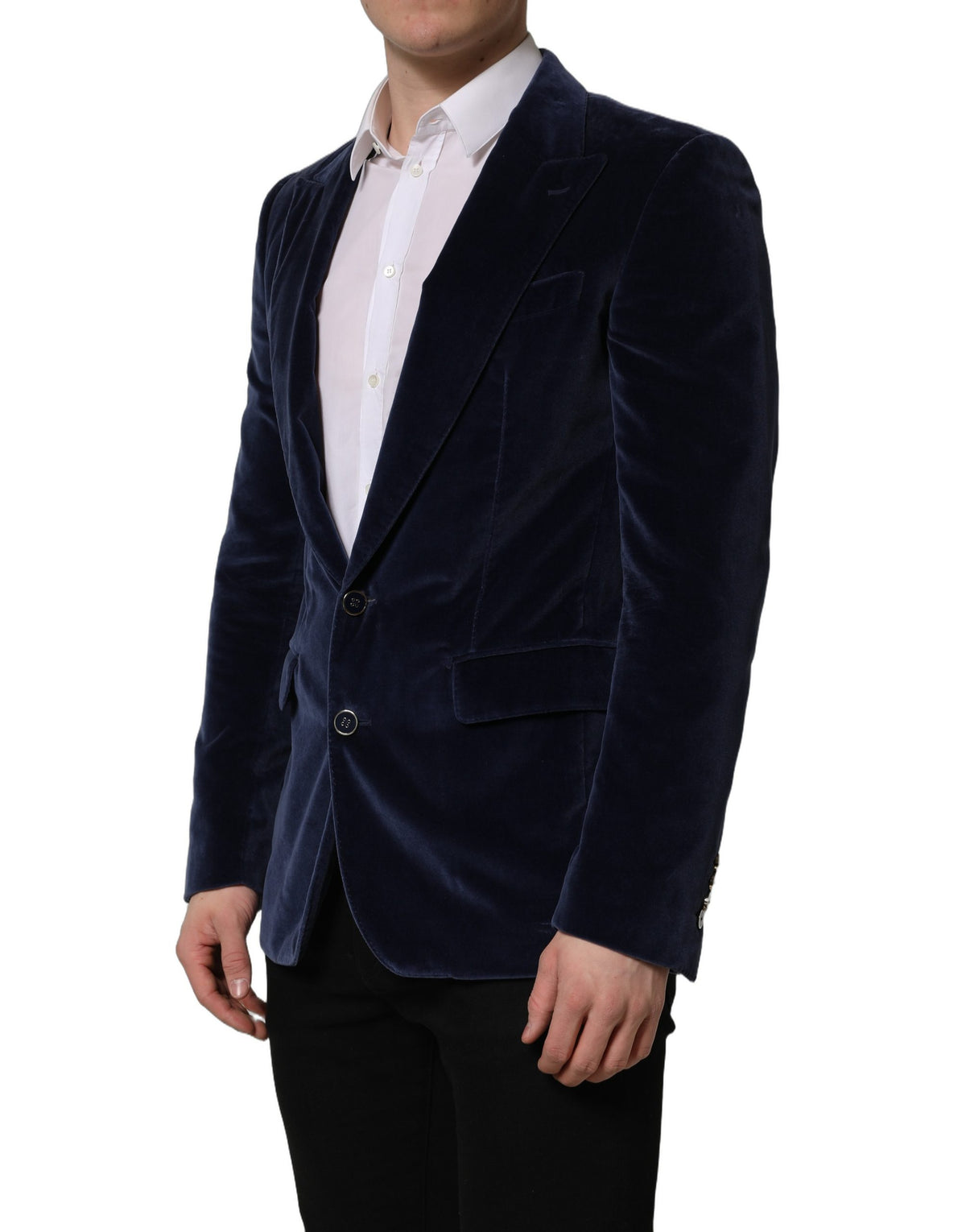 Blue velvet single-breasted blazer jacket by Dolce & Gabbana, tailored fit with classic lapels and stylish design.