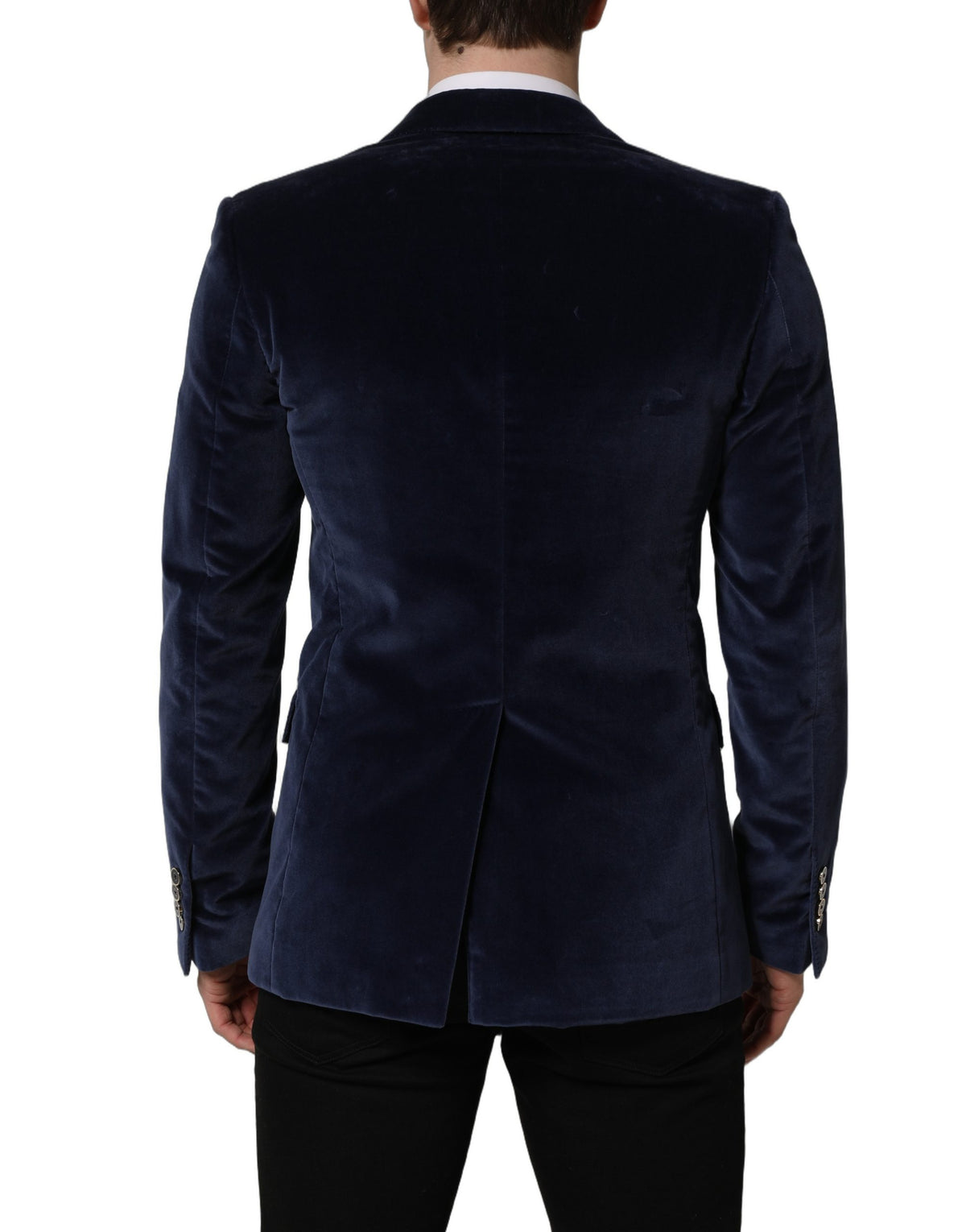 Dolce & Gabbana blue velvet single-breasted blazer jacket with notched lapels and tailored fit, displayed on a mannequin.