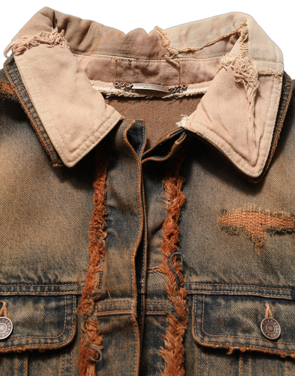 Dolce & Gabbana multicolor raw cut panel denim men's jacket with layered, distressed design and casual fit.