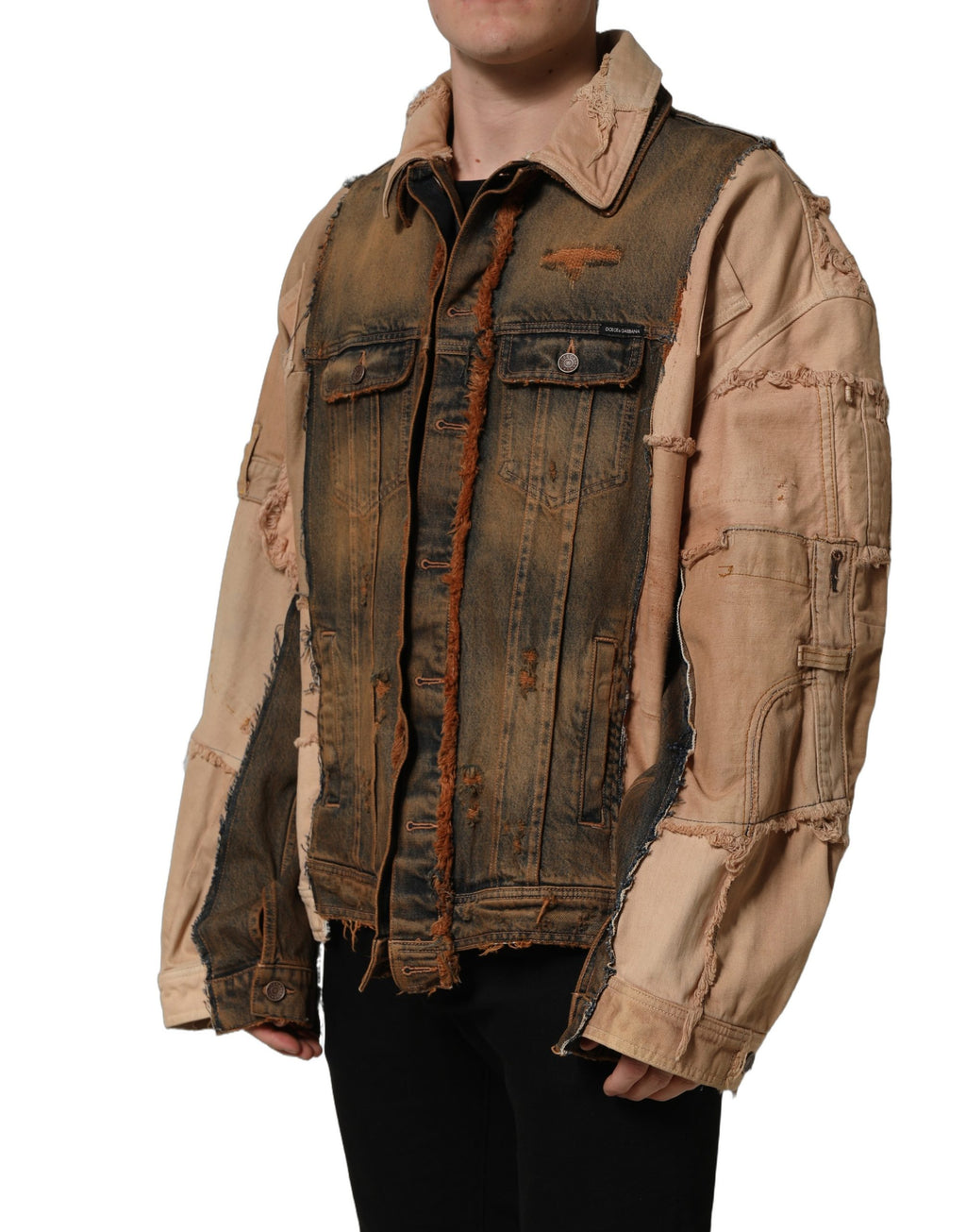 Dolce & Gabbana multicolor raw cut panelled denim men's jacket with unique design and bold color accents.