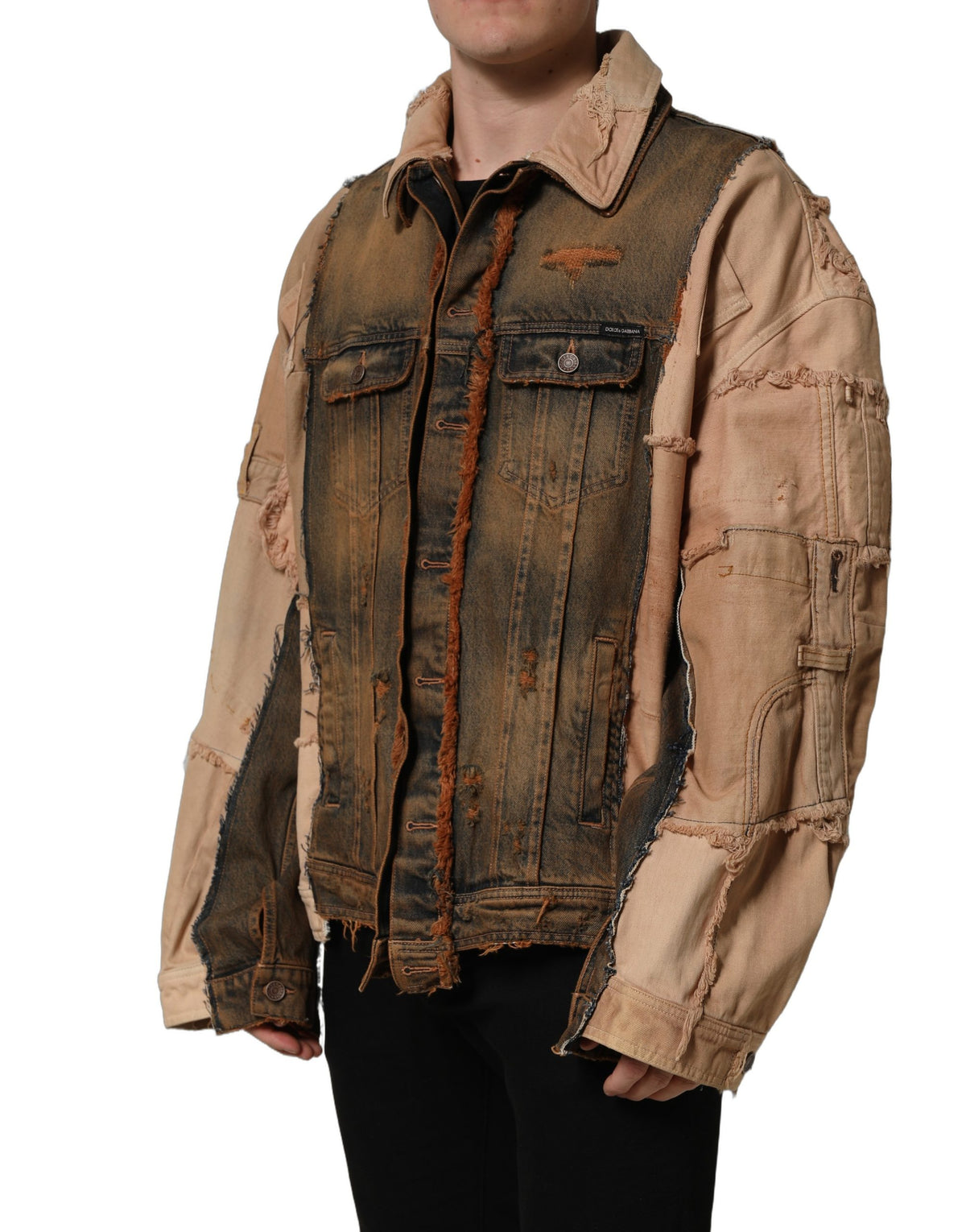 Dolce & Gabbana multicolor raw cut panelled denim men's jacket with unique design and bold color accents.