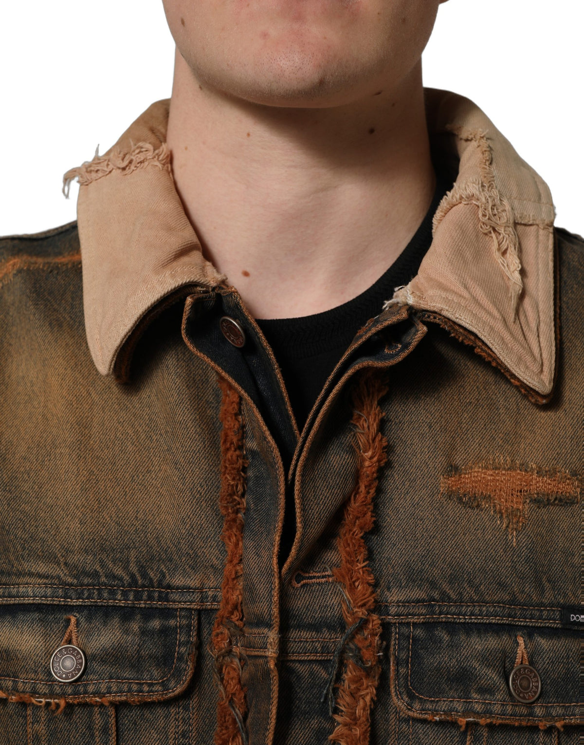 Dolce & Gabbana multicolor raw cut paneled denim men's jacket with contrasting fabric details and classic fit.