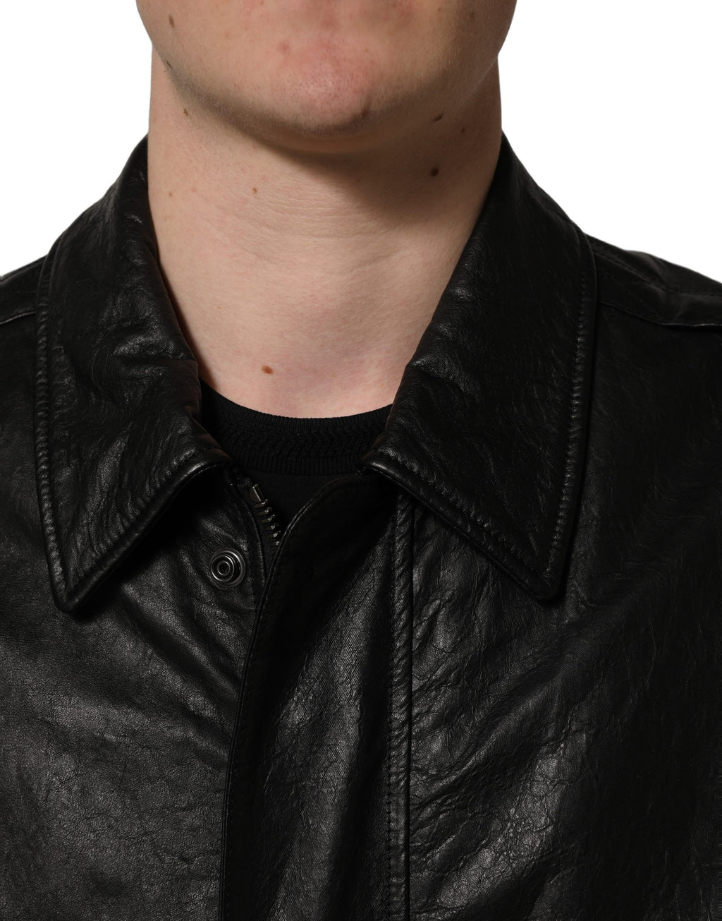 Dolce & Gabbana black leather men's biker jacket with full zip closure and stylish design.
