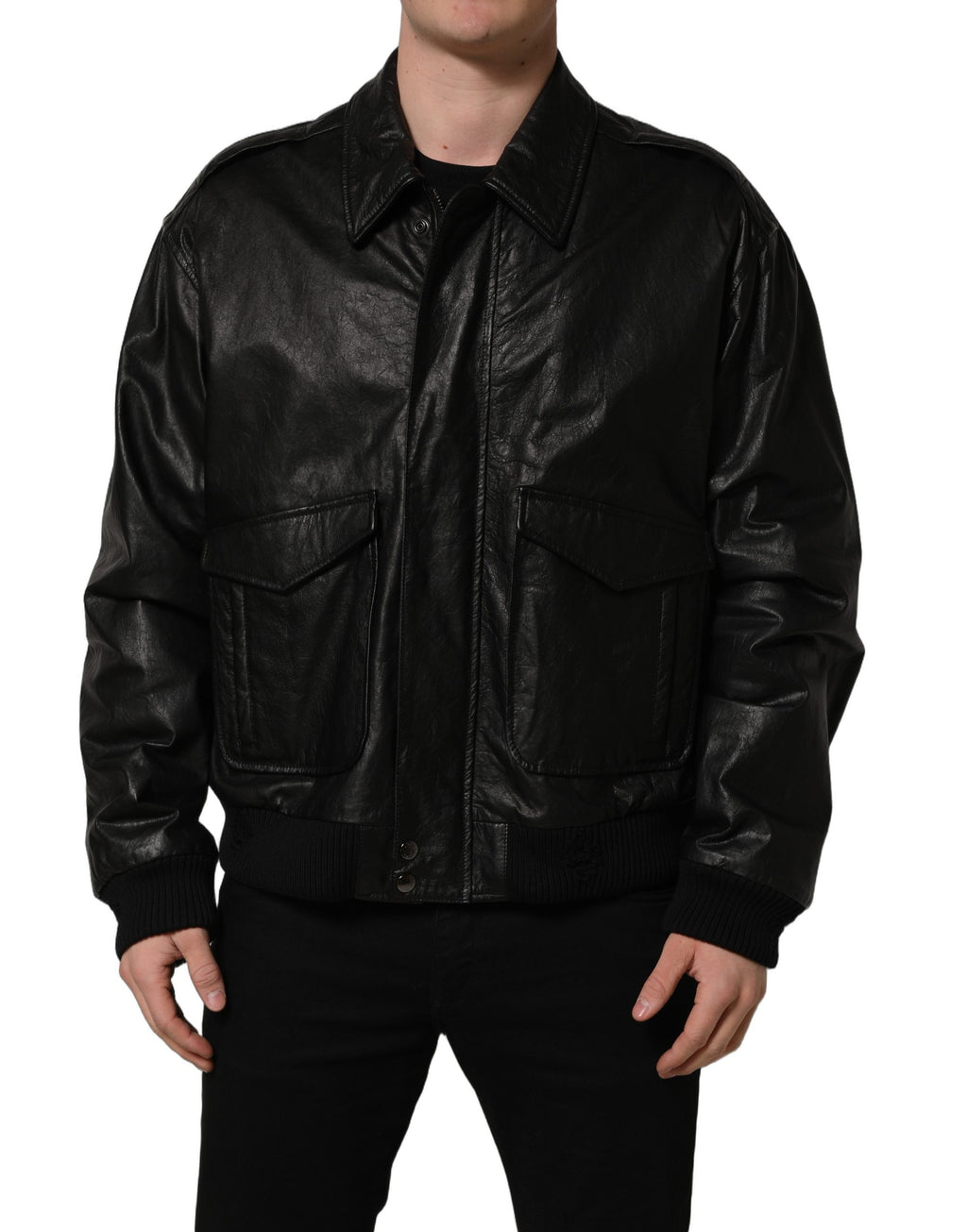 Dolce & Gabbana black leather men's biker jacket with full zip and stylish design.