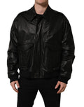 Dolce & Gabbana black leather men's biker jacket with full zip and stylish design.