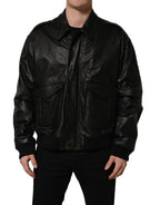 Dolce & Gabbana black leather men's biker jacket with full zip and stylish design.
